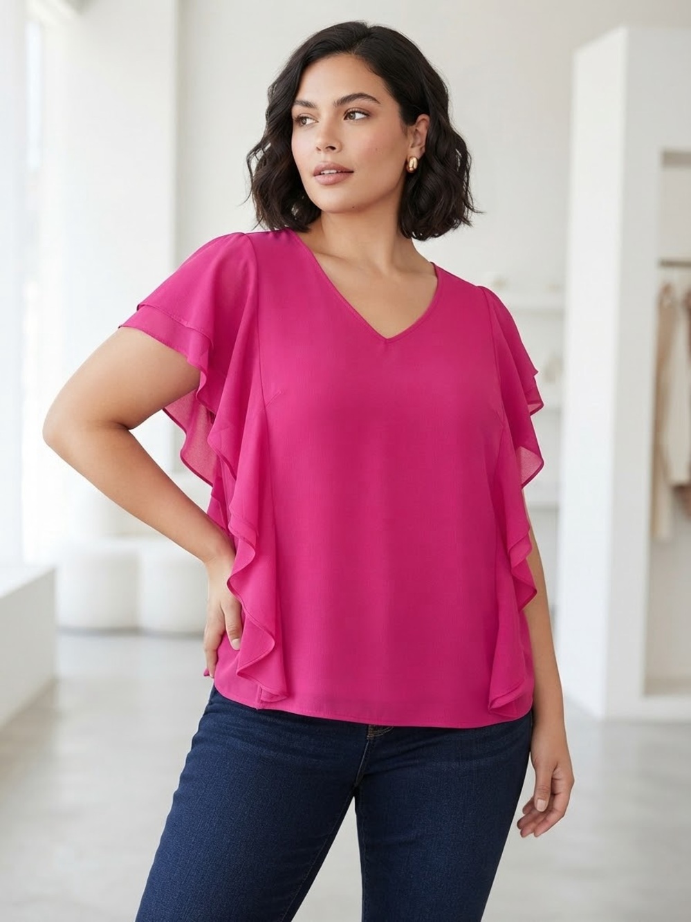 Jennifer Lopez Flutter Sleeve V‑Neck Blouse - Fuchsia